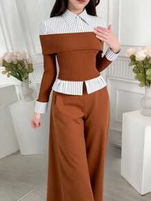 Sparklyn Striped Patchwork Ribbed Casual Shirt And Pants Set, Teenage - Brown - View 1