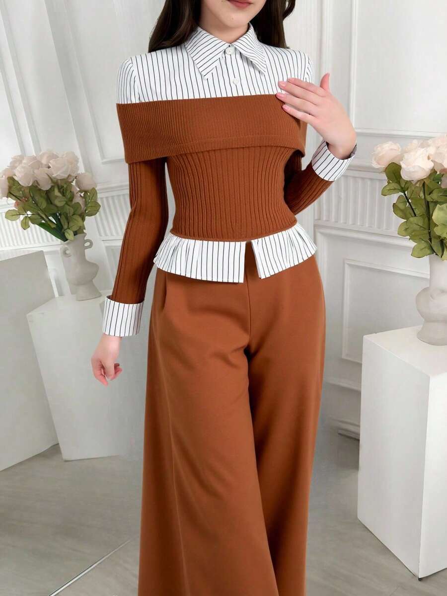 Sparklyn Striped Patchwork Ribbed Casual Shirt And Pants Set, Teenage - Brown - View 1