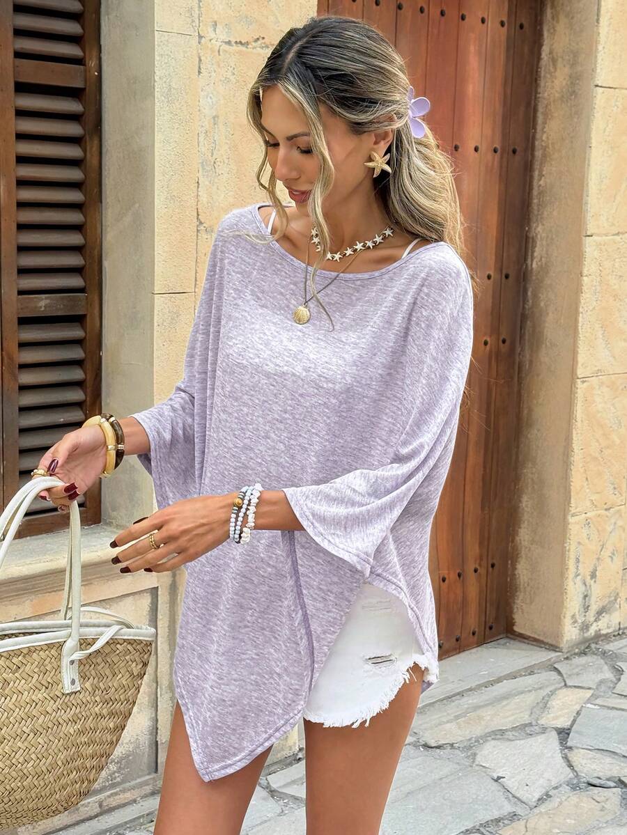 SHEIN LUNE Women's Casual Solid Color Summer Vacation Commute Daily Basic Fashion Top - Dusty Purple - View 1