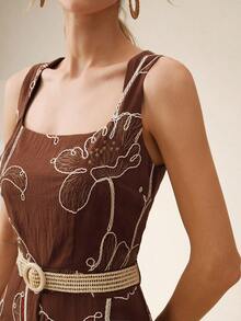 Anewsta New Elegant Fashion Vacation Date Night Outing Holiday 3D Embroidery Square Neck Sleeveless Belted Jumpsuit For Women, Spring/Summer - Rust Brown - View 2