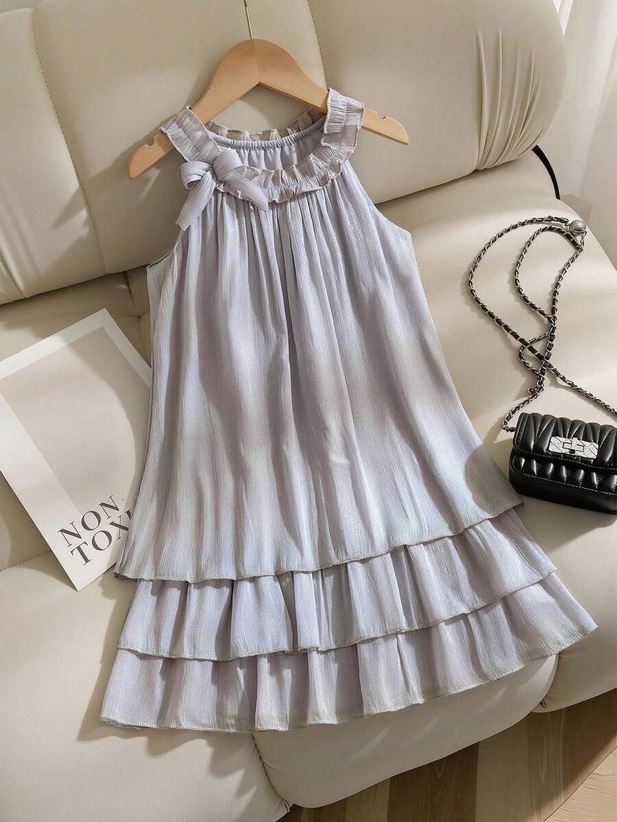 SHEIN Elladie kids 女童蝴蝶结荷叶边露背飘逸蛋糕裙，面料柔软舒适 - 淺灰紫 - 查看 1