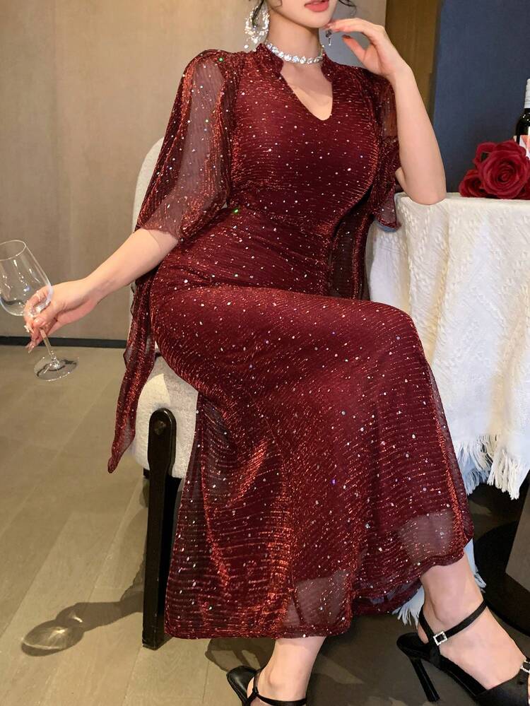 Women's Elegant Sequin Collar Belted Ruffle Sleeve Dress, Summer,Wedding Guest Dress Women Sundress