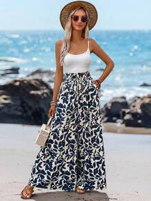 SHEIN LUNE 女士浪漫荷叶边腰带阔腿裤，夏季 - 藍色 - 查看 5