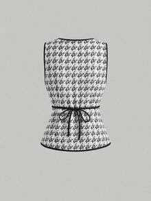 SHEIN MOD 1件女士千鸟格单排扣复古针织背心 - 白色 - 查看 2