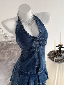 Elamini Women's Backless Halter Tie Denim Jacket - Blue - View 1