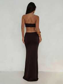 Aloruh 女士性感Y2K风格高腰镂空紧身连衣裙，饰有金属装饰 - 棕色 - 查看 2