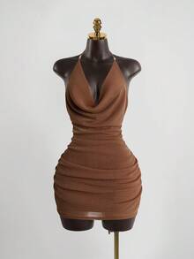 SaltGleam SaltGleam Women's Solid Color Plunging Neck Fashionable Sexy Halter Dress - Coffee - View 1