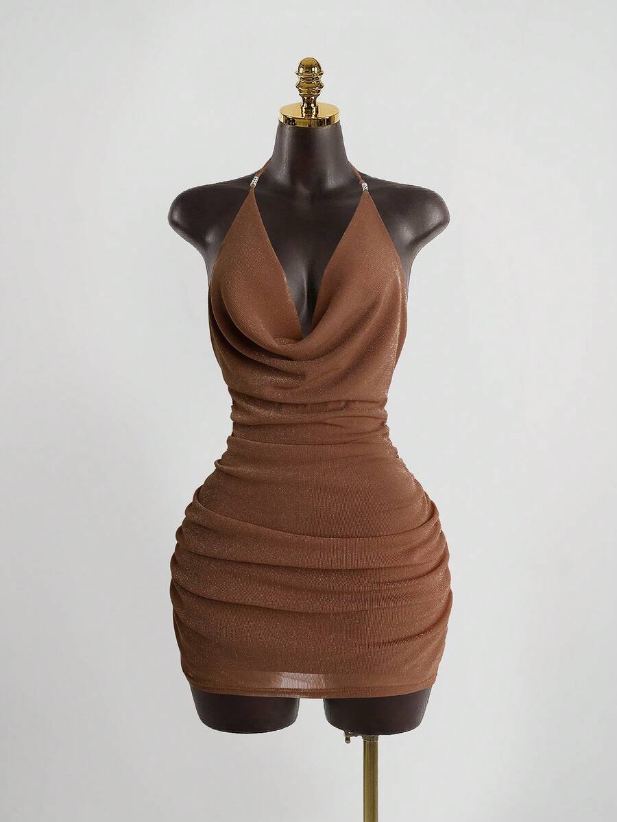 SaltGleam SaltGleam Women's Solid Color Plunging Neck Fashionable Sexy Halter Dress - Coffee - View 1