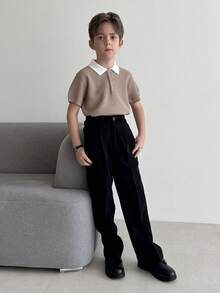 DAZY Tween Boy Contrast Button Half-Placket Short Sleeve Casual Sweater - Khaki - View 5