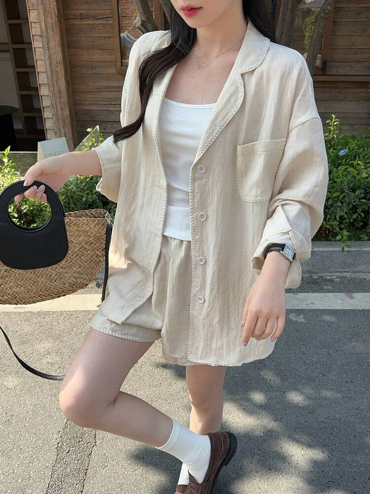 Women's Collared Embroidered Loose Top & Shorts 2 Pieces Set Summer