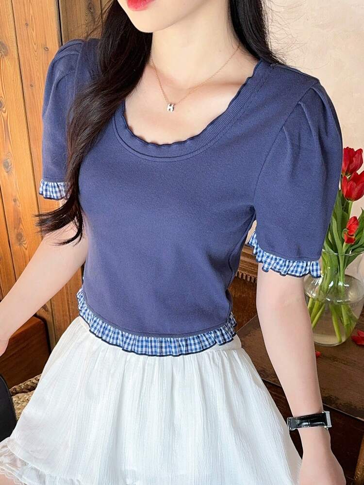 Women's Summer Colorblock Plaid Patchwork Crew Neck Cropped Casual T-Shirt
