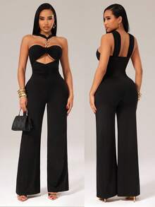 Radiana 女士性感优雅独特黑色金属链条吊带连体裤，修身阔腿连体裤，休闲裤，适合日常外出、夜生活、派对、鸡尾酒会、俱乐部、晚宴、约会、音乐会、度假、节日等场合。 - 黑色 - 查看 1