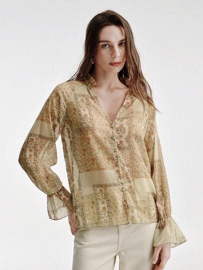 Aveloria Modichic 时尚简约百搭通勤度假雪纺佩斯利印花V领拼接荷叶边宽松喇叭袖女式长袖衬衫