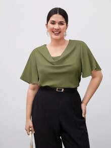 Maija 大码女式纯色垂褶领短袖优雅衬衫，适合圣帕特里克节、复活节、夏季、复活节派对、海滩度假、夏季外出、毕业典礼、毕业典礼休闲等场合。 - 綠色 - 查看 4