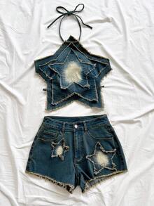 Soleia Spring/Summer New Casual Vacation Western Beach Wedding Guest Attire Graduation Brunch Women's Outfit St. Patrick's Day Spring Break Easter Music Festival Elegant Boho Tropical Backless Five-Pointed Star Tie-Up Denim 2-Piece Set - Multicolor - View 4