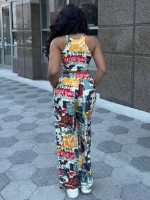 Alexandranx Slaydiva 女士秋装/女士冬装/女士外出上衣/Y2k 服饰/街头服饰/涂鸦印花/2 件女士休闲街头紧身吊带背心和宽松裤子套装/适合 S - 彩色 - 查看 2