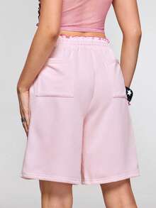 THE POWERPUFF GIRLS X SHEIN 女士休闲卡通印花抽绳腰短裤，夏季 - 粉色 - 查看 2