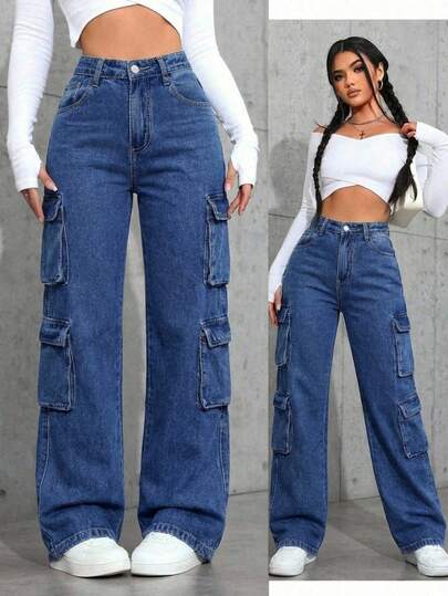 Jeans de ajuste recto múltiple casual de mujeres, pantalones vaqueros de trabajo con solapa y bolsillos laterales