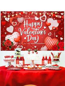 1 pieza Pancarta de fondo para el Día de San Valentín con rosas rojas, fondo temático de corazones para photocall, decoraciones y suministros para la fiesta del Día de San Valentín - Multicolor - Ver 6