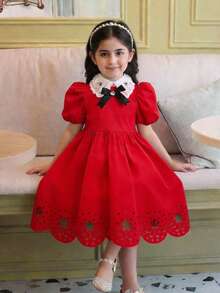 SHEIN Young Girl Red Elegant Beaded Square Collar Gigot Sleeve Princess Frill Hem Solid Satin Dress,Suitable For Summer Party Weddings Birthdays Gatherings - Red - View 3