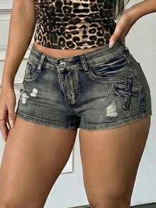 SHEIN ICON 女士夏季休闲水洗做旧水钻装饰低腰牛仔短裤 - 深色水洗藍 - 查看 1