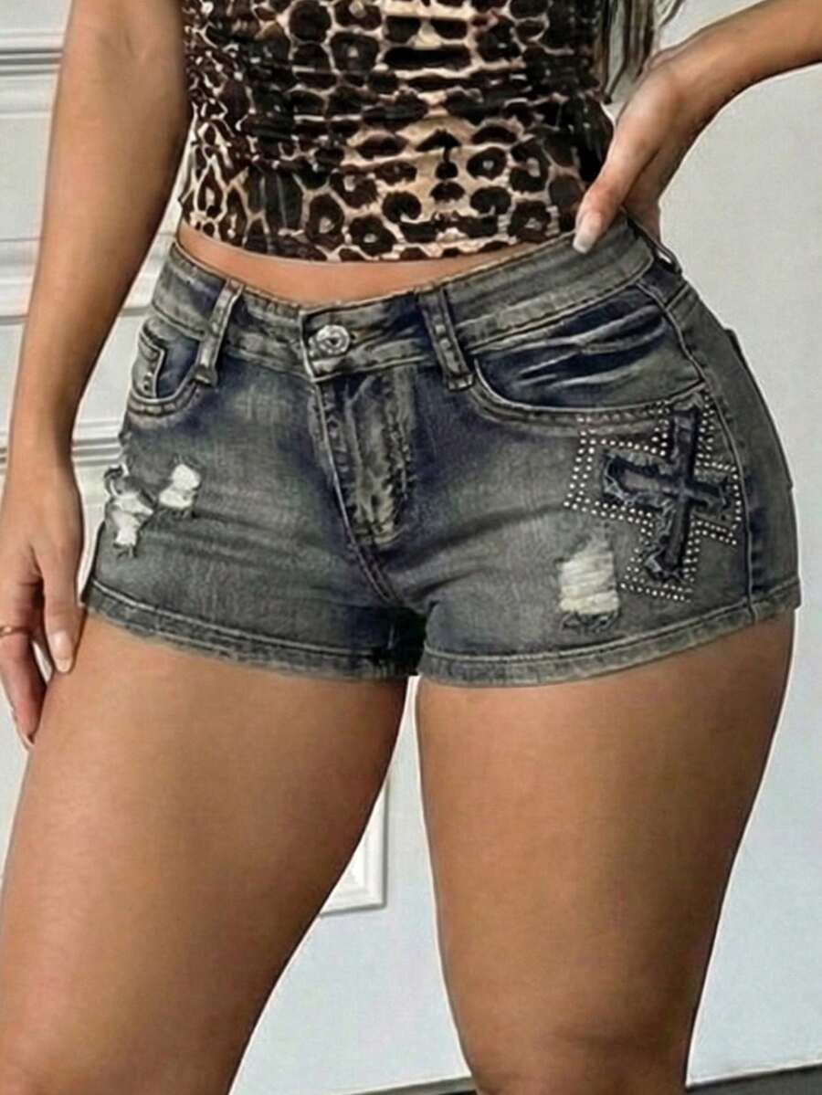 SHEIN ICON 女士夏季休闲水洗做旧水钻装饰低腰牛仔短裤 - 深色水洗藍 - 查看 1