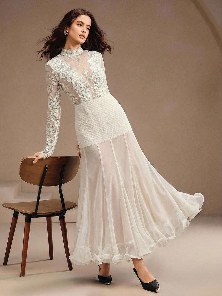 Anewsta Women's Elegant Romantic Lace Long Sleeve Fitted Patchwork Ruffle Hem Midi Dress
