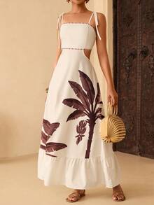 Lyxana 椰树印花露腰连衣裙，适合度假穿着 - 杏色 - 查看 1