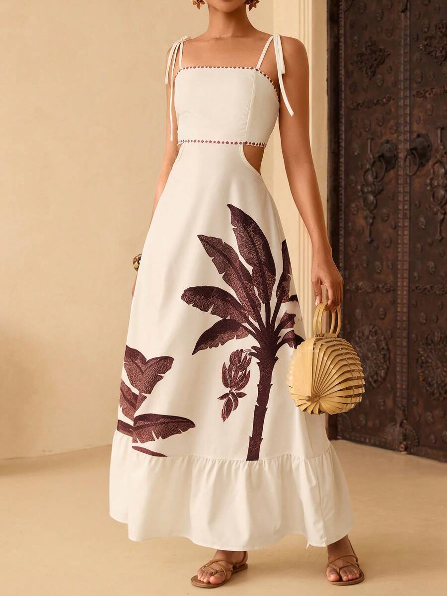 Lyxana 椰树印花露腰连衣裙，适合度假穿着 - 杏色 - 查看 1