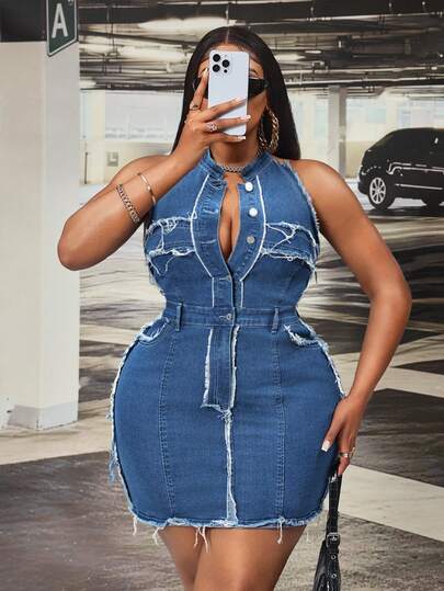 Slaydiva Đầm denim co giãn cỡ lớn dành cho nữ, đầm denim cổ tròn đính cúc kim loại, đầm denim phá cách, đầm mini ôm sát dáng suông thanh lịch mùa xuân/hè với viền tua rua, trang phục cao bồi cho nữ.