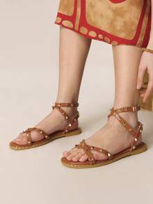 Styleloop Sandal La Mã trang trí đinh tán dành cho nữ, giày du lịch kiểu Bohemian quai chéo dệt mới cho mùa xuân/hè. - màu nâu - Xem 5