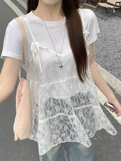 FRIFUL 女士格子吊带背心，蝴蝶结肩带，A字型多层拼接休闲背心，秋季款