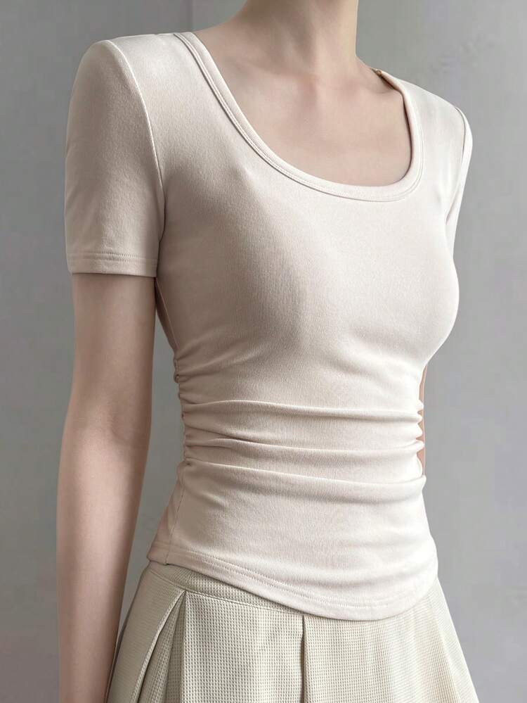 Women's Solid Color Round Neck Short Sleeve Fitted Casual Versatile T-Shirt Summer