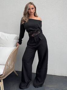 Jeta Ari T-shirt de mode à manches longues et épaules dénudées avec dentelle contrastée pour femmes - Noir - Voir 4