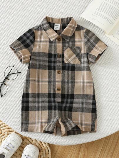 SHEIN 男女宝宝休闲运动可爱格子翻领宽松针织连体衣，适合春夏居家或户外穿着