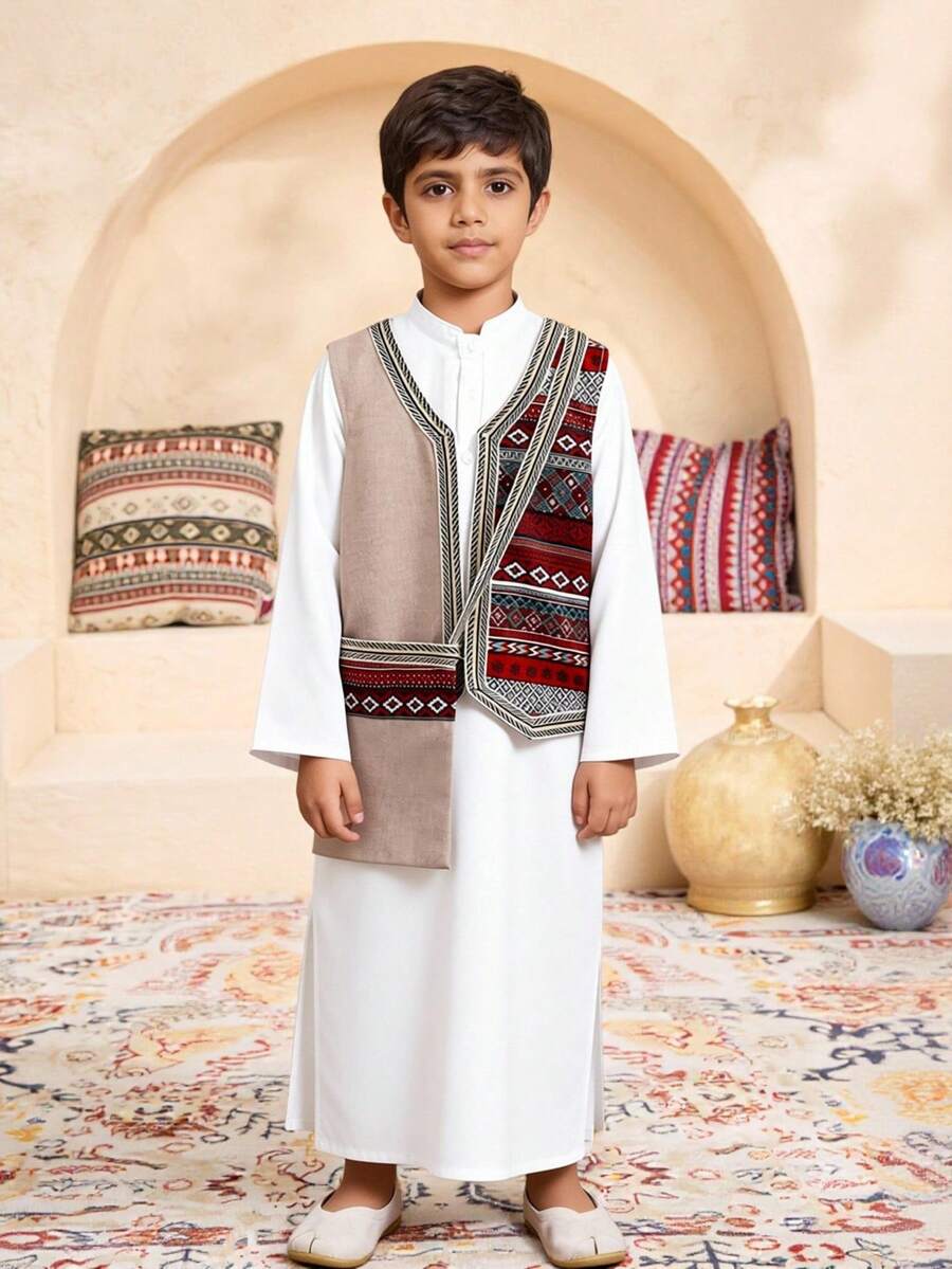 2pcs Young Boy Set: Casual Long Sleeve Dress & Vest, Minimalist Fashion For Daily Wear - Multicolor - View 1