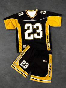 Aesthetic Post Conjunto de camiseta de cuello en V con estampado del número 23 y contraste de color, conjunto de camisetas deportivas y casuales para hombre - Multicolor - Ver 3