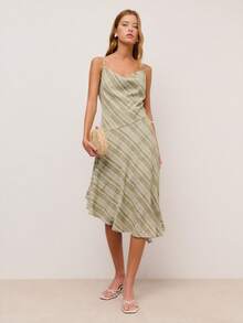 Nöista Sleeveless Dress Features A Green Plaid Adjustable Spaghetti Straps. Assymetricl Bottom Hem And Opening Slit. Spring , Summer, Easter , Women. - Green - View 4