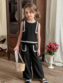 2 pièces Ensemble débardeur rond unicolore et pantalon ample décontracté pour jeune fille - Noir - Voir 5