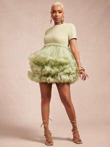 Vixey Tulle Ruffle Layered Boho Short Dress - Green - View 2