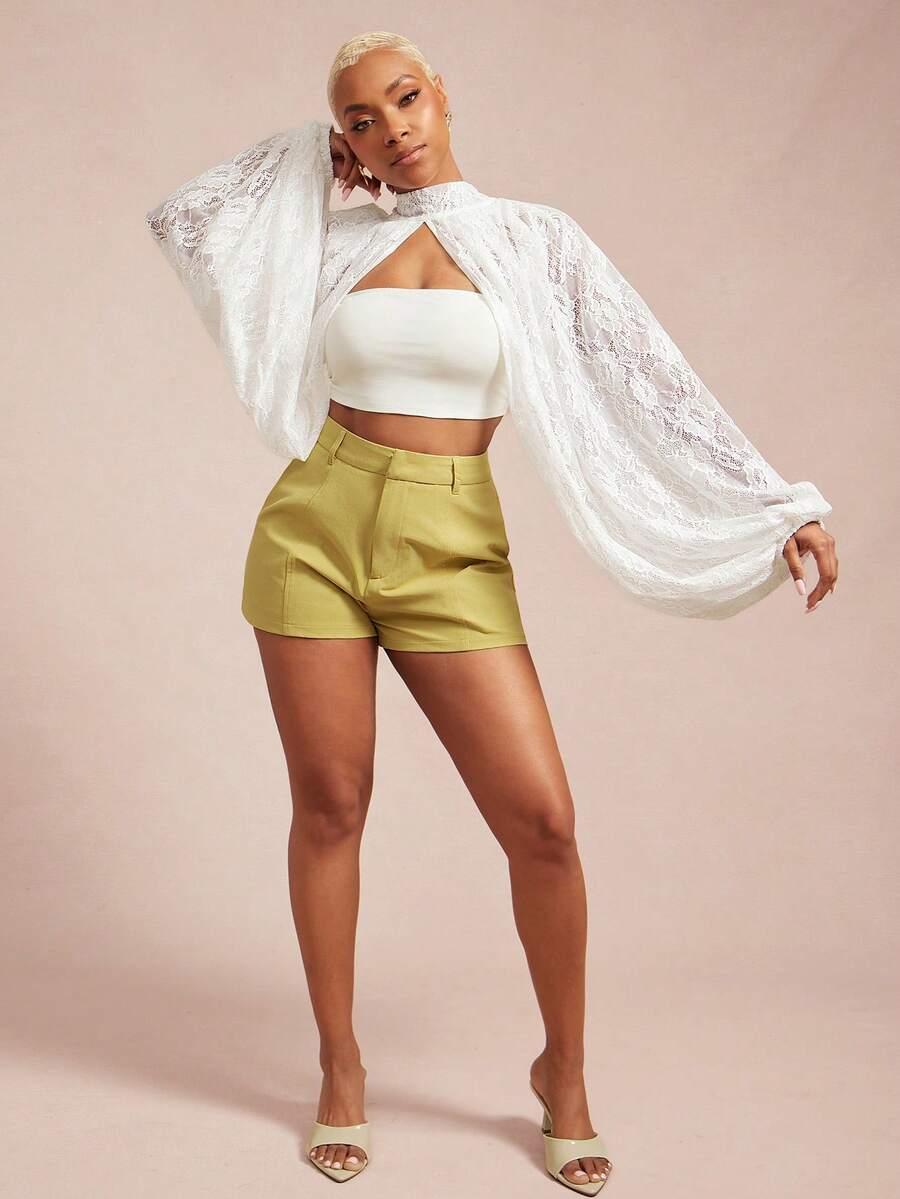 Vixey Low Stretch Woven High Waist Seam Detail Shorts - Yellow - View 1