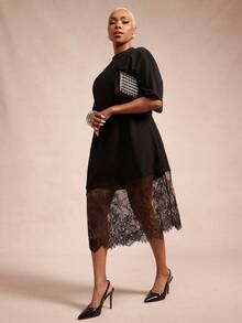 Vixey Lace Hem Drop Shoulder Round Neck Midi Shirt Dress - Black - View 3