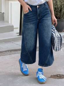 DAZY Quần lửng denim dáng rộng, in họa tiết da báo kiểu Mỹ cổ điển, thêu chữ, dành cho bé gái tuổi teen, thích hợp mặc mùa hè. - Màu xanh lam - Xem 2