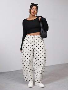 SHEIN PETITE CURVE 夏季加大码 PETITE CURVE 女士黑白波点口袋纽扣喇叭阔腿牛仔裤，休闲夏季度假装扮，时尚百搭，适合度假穿着。 - 白色 - 查看 5