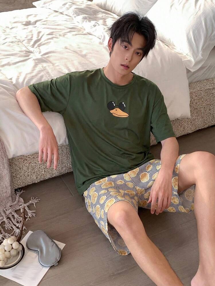 Men's Summer Graphic Print Short Sleeve Top And Shorts Pajama Set