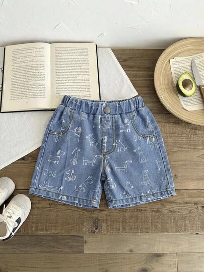 SHEIN 男童卡通小狗印花宽松蓝色牛仔短裤
