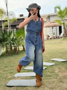 DAZY Tween Girls' Casual Halter Neck Denim Jumpsuit - Blue - View 1