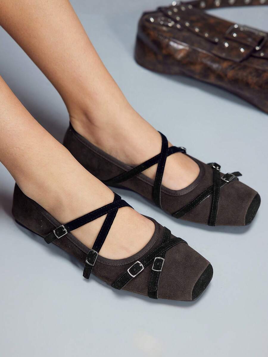 CUCCOO GRLICON Burgundy Multi-Strap Square Toe Mary Jane Shoes, Retro Sweet Style Flat Shoes, Suitable For Motorcycle Outfit, Spring/Summer, Vacation, Travel, 2000's Style - Coffee Brown - View 1