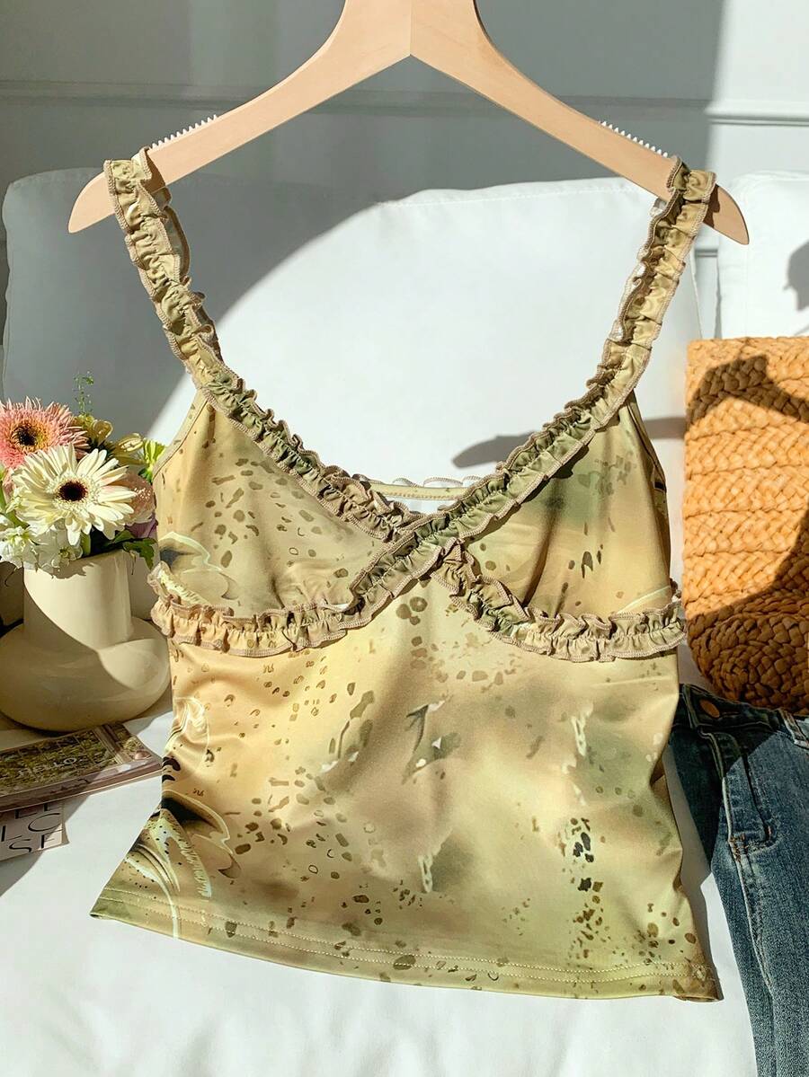 SHEIN Comfortcana Women's Casual Frill Trim Versatile Daily Wear Cami Top, Beach Vacation For Women - Green - View 1