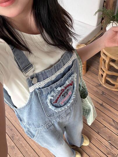 DAZY Tween Girls Loose Cute Letter Embroidery Denim Overalls